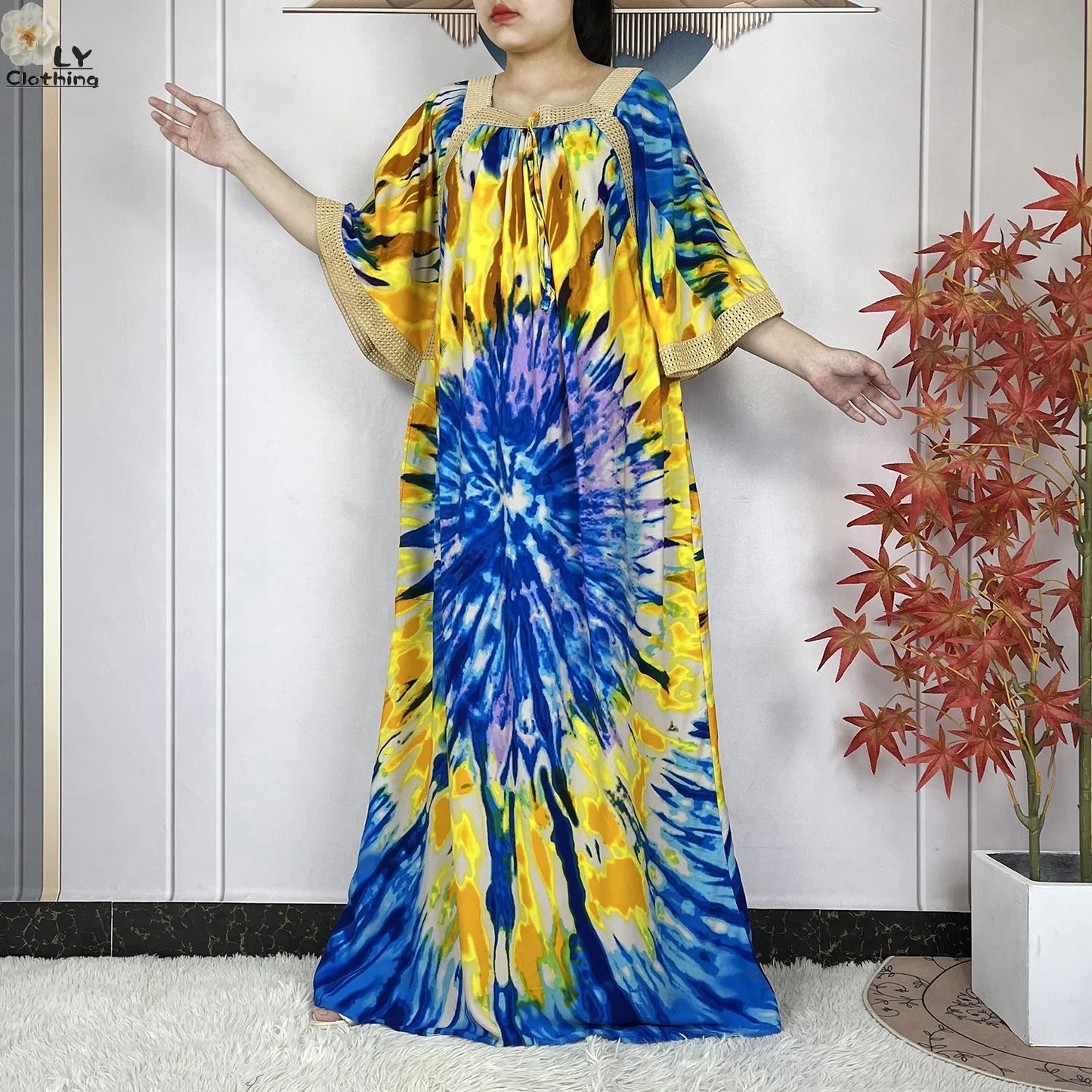New Muslim Dress Woman Short Sleeve Dashiki African Abaya Tie-dyed Printing Cotton Loose Femme Robe Islamic Dresses With Scarf