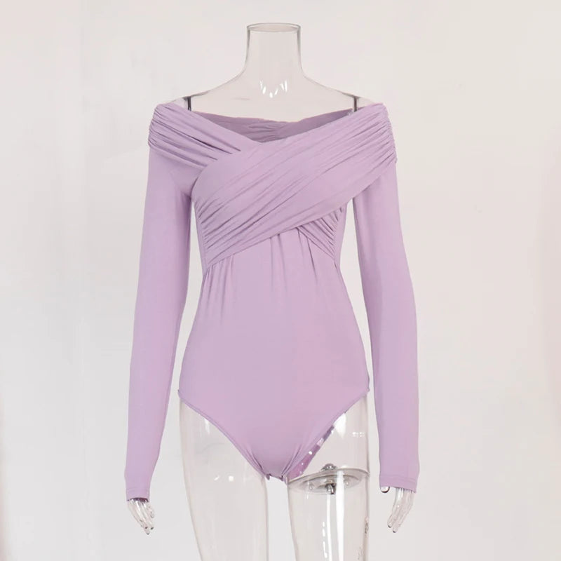 Chic Sexy Criss-cross Pleated Slash Neck Slim Fit Solid Color Basic 2024 Sexy Hot Female Long-sleeves High Waisted Bodysuit Tops