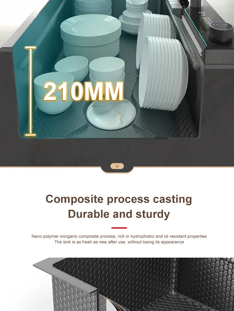 Edelstahl-Küchenspüle mit Wasserfall-Wasserhahn, integrierte Digitalanzeige, geprägtes Waschbecken für die Küche