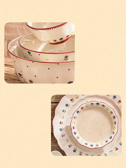 SOLECASA Ceramic Tableware Pastoral Style Rice Soup Bowl Fruit Salad Bowl Dish Pasta Dessert Plate Dinnerware Table Decoration.