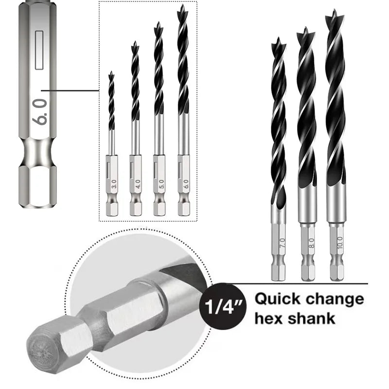 3/5/7Stk. 3/4/5/6/7/8/10mm 1/4 Sechs kant griff Dreispitzer Holz bearbeitungs bohrer Set Holz bearbeitungs lochreib werkzeug