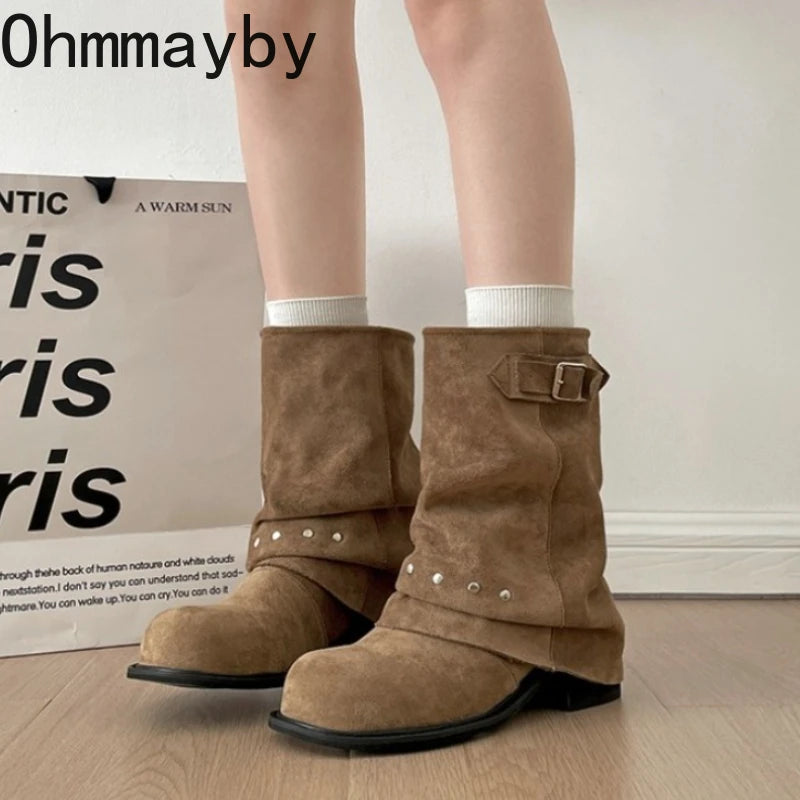 Winter Pleated Women Western Ankle Boots Fashion Rivet Belt Buckle Shoes Ladies Concise Vintage Thick Heel Short Booties.