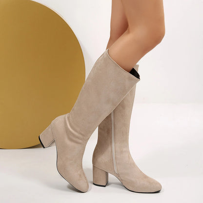 Women Boots Autumn Winter Elastic Slimming Knee-High Boots Fashion Pointed Toe Thick Heel Shoes Woman Side Zipper Casual Botas