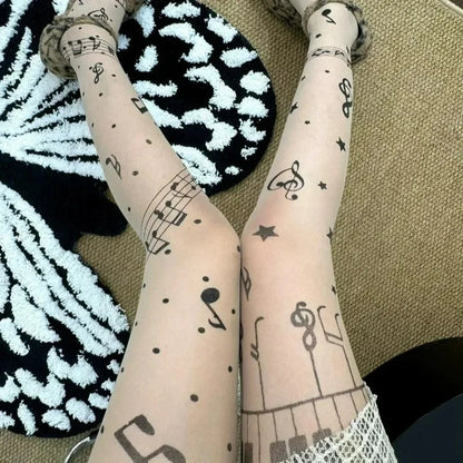 Women Personalized Stocking Gothic Music Notes Print Tights Thin High Elasticity Black Skin Leggings Spicy Girls Y2K Hosiery