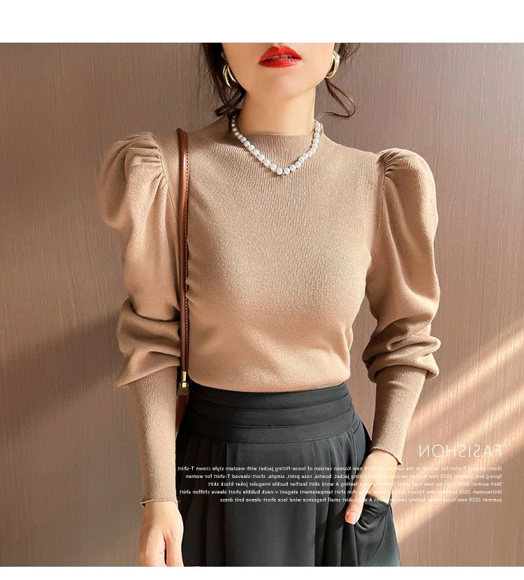 Herbst Winter Pullover Rollkragen Slim Fit Grundlegende Pullover Mode Koreanische Stricken Tops Puff Sleeve Damen Pullover Stretch Jumper.