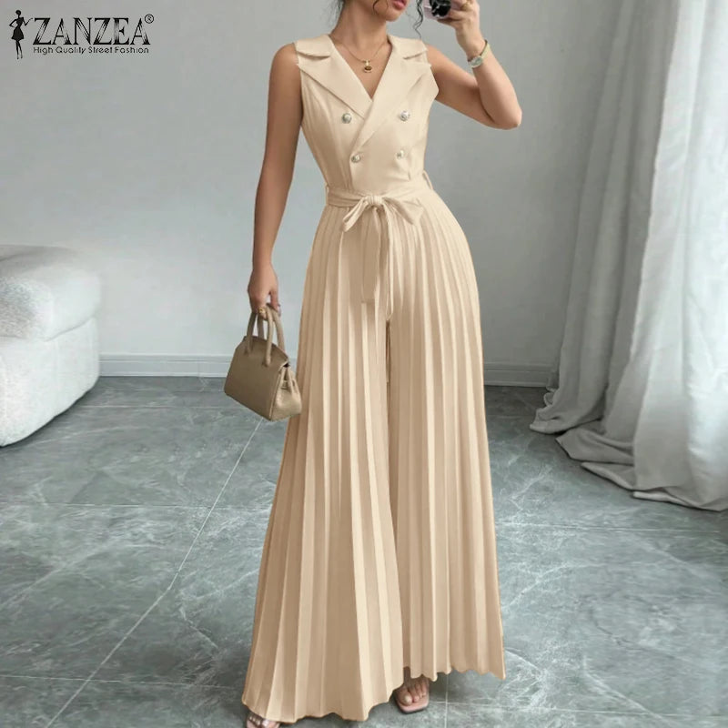 Fashion Women Jumpsuits 2025 ZANZEA Summer Rompers Elegant Wide Leg Work OL Overalls V Neck Sleeveless Pleated Playsuit Trousers.