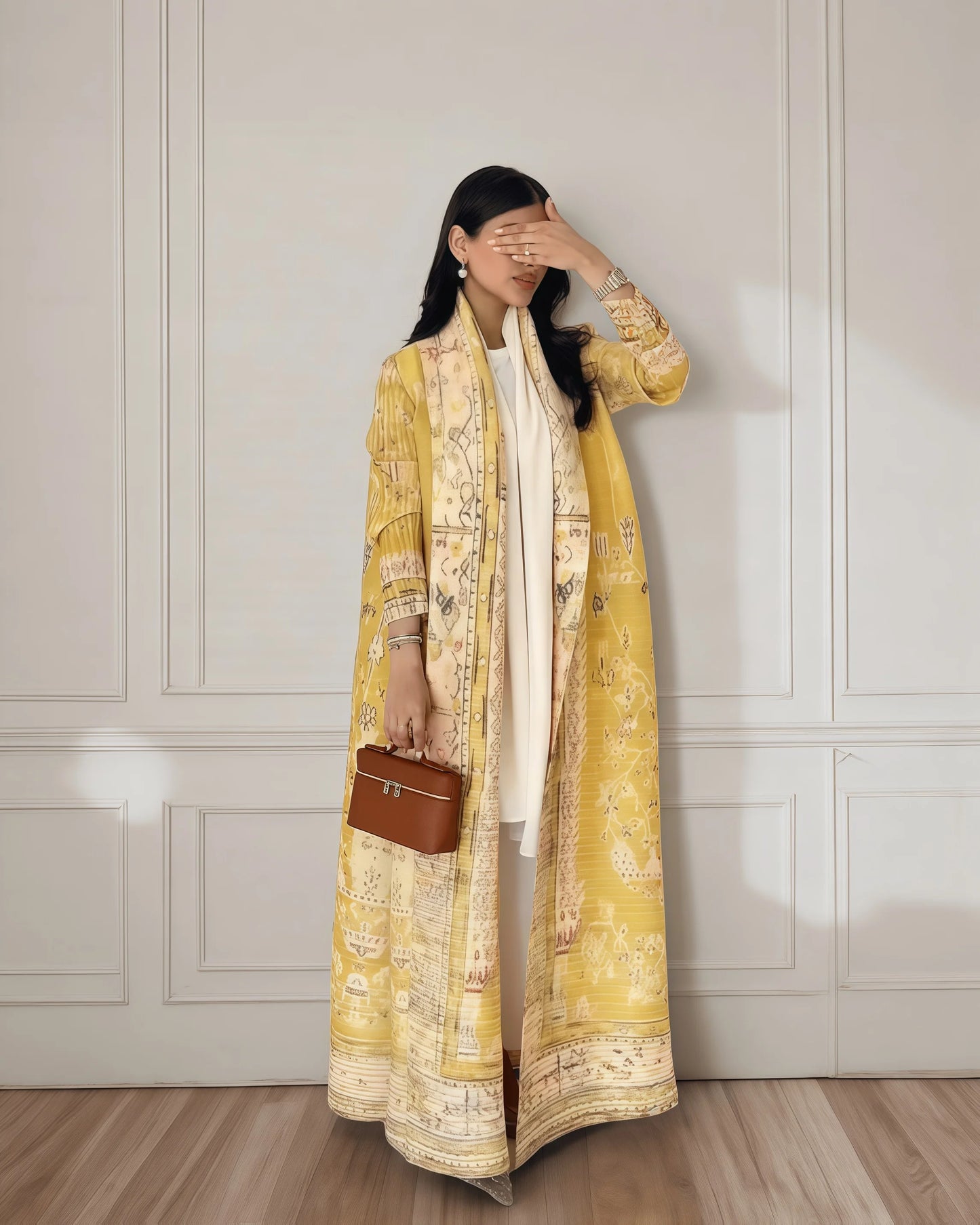 Langer Herbstmantel für Damen, Retro-bedruckt, langärmelig, muslimisches Abaya, Saudi-Mode, faltiger Taillengürtel.