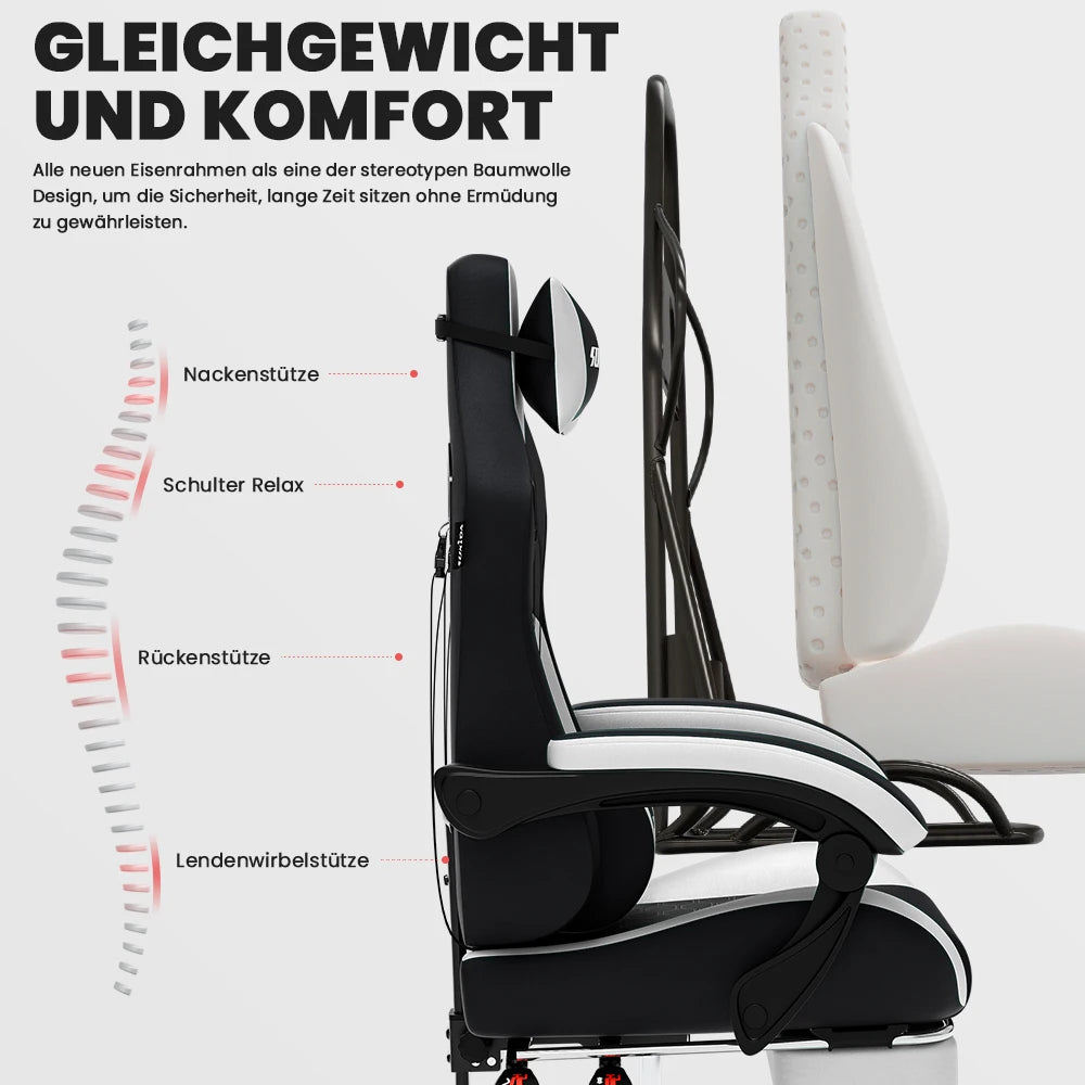 SUKIDA Ergonomischer Racing-Gaming-Stuhl, verstellbar, drehbar, mit Kopfstütze und Lordosenstütze für Büro und Gaming
