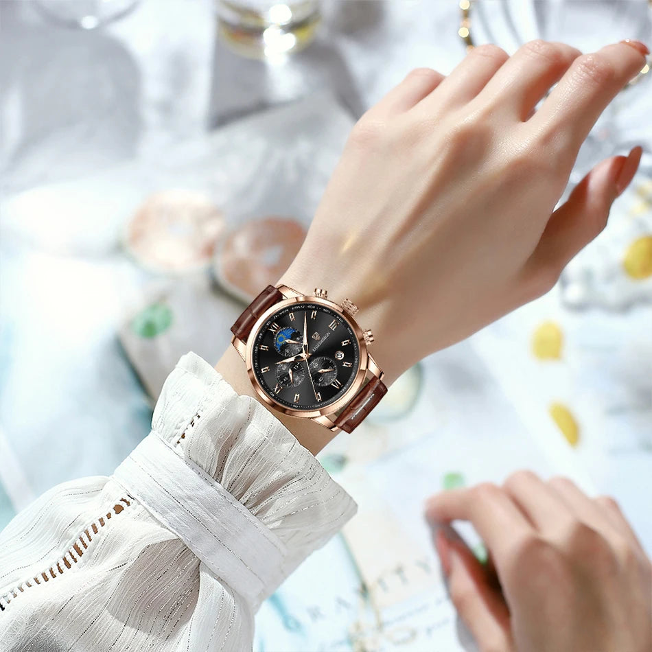 LIGE Luxury Fashion Women Watch Leather Strap Waterproof Casual Sport Quartz Wristwatch 24 hour Moon Phase Clock Watch for Women.