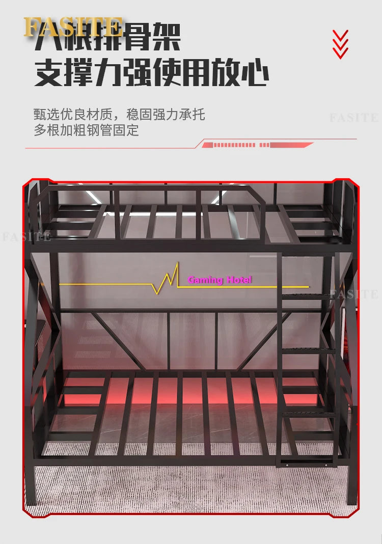 Premium E-Sport-Etagenbett aus Eisen, Hotel, Apartment, Schule, Schlafsaal, Bett, schwarzer Rahmen, Hochbett für Erwachsene, Camas, Schlafzimmermöbel