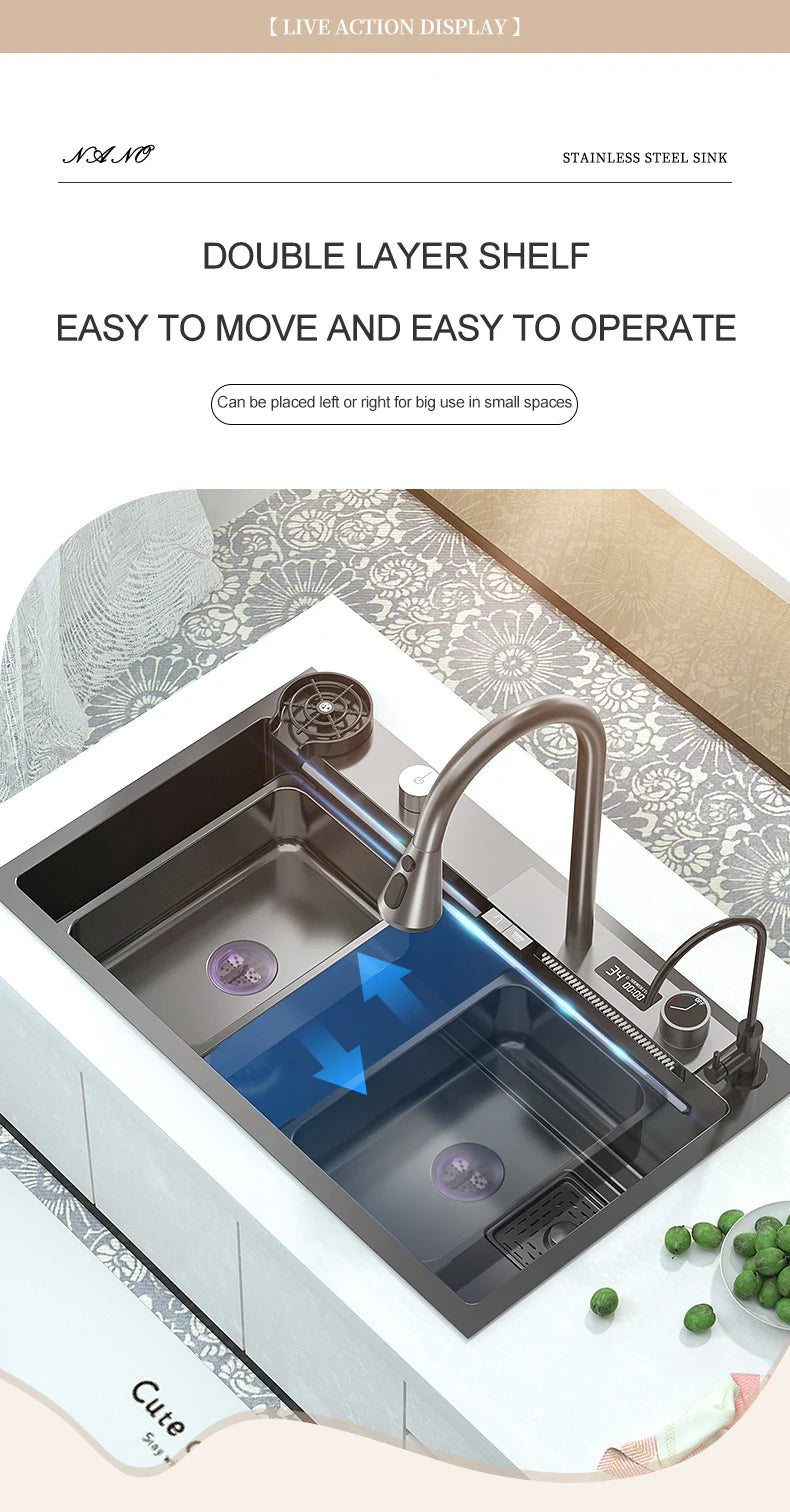 Edelstahl Küchen spüle Digital anzeige großes Single Slot hotel Multifunktion waschbecken mit Wasserfall Wasserhahn Wohnung