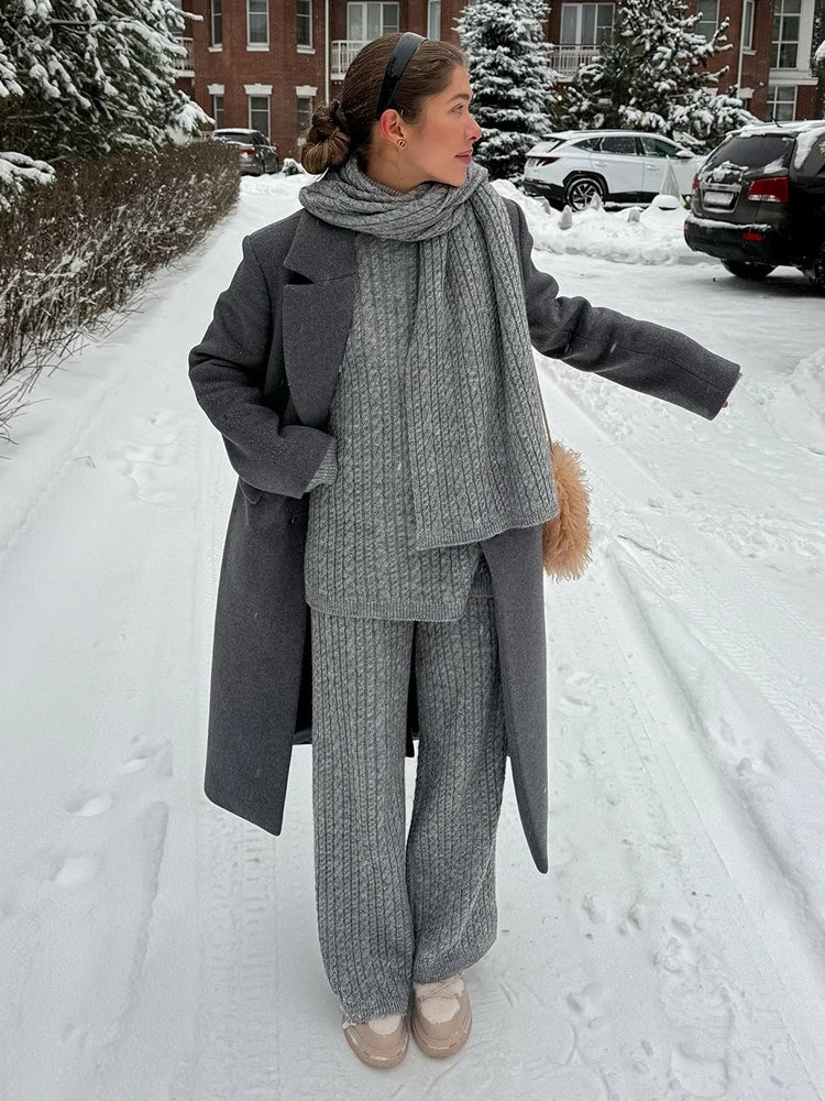 Bornladies Herbst Winter Mode frauen Neue Zopfmuster Pullover Breite Bein Hosen Set Weiche Wolle Mischung Lose Fit High Neck Pullover