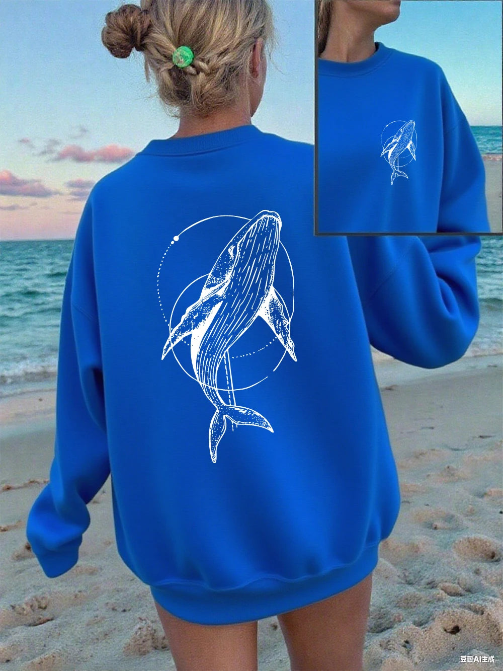 Humpback Whale Printing Sweatshirts Women Casual Crewneck Hoodies Winter Fleece Warm Pullover Loose Comfortable Womans Clothes.