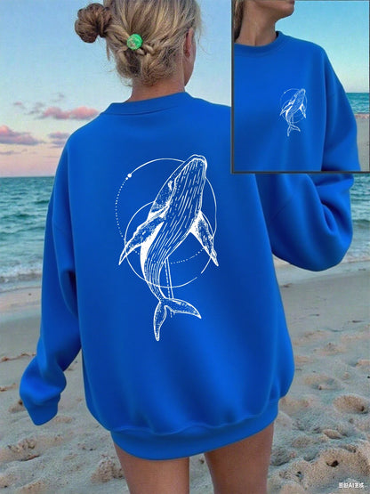 Humpback Whale Printing Sweatshirts Women Casual Crewneck Hoodies Winter Fleece Warm Pullover Loose Comfortable Womans Clothes.