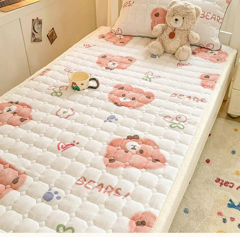 Cartoon Printed Warm Bed Mattress Super Soft Cozy Milk Velvet Single Bedding Protector Thick Tatami Mats for Autumn and Winter.