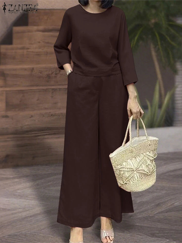 ZANZEA 2025 Women Autumn Matching Sets Solid Outfits Vintage Casual O Neck Long Sleeve Tops Pant Sets Fashion OL Work Tracksuit.