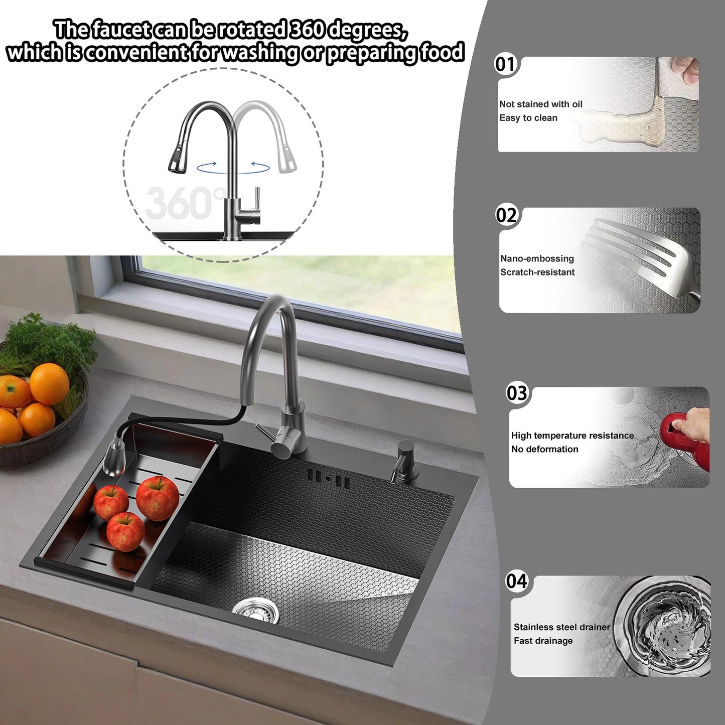 Schwarzes Küchenspüle, Einzelspüle aus Edelstahl, Ein-/Aufsatzspüle mit ausziehbarem Wasserhahn, mit mehreren Zubehörteilen