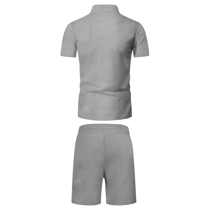 Men's Comfortable Short-Sleeved Waffle Polo Shirt And Shorts Set - Breathable Lightweight Spring/Summer Clothing.