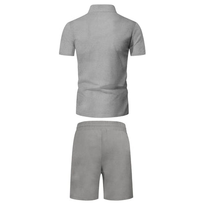 Men's Comfortable Short-Sleeved Waffle Polo Shirt And Shorts Set - Breathable Lightweight Spring/Summer Clothing.