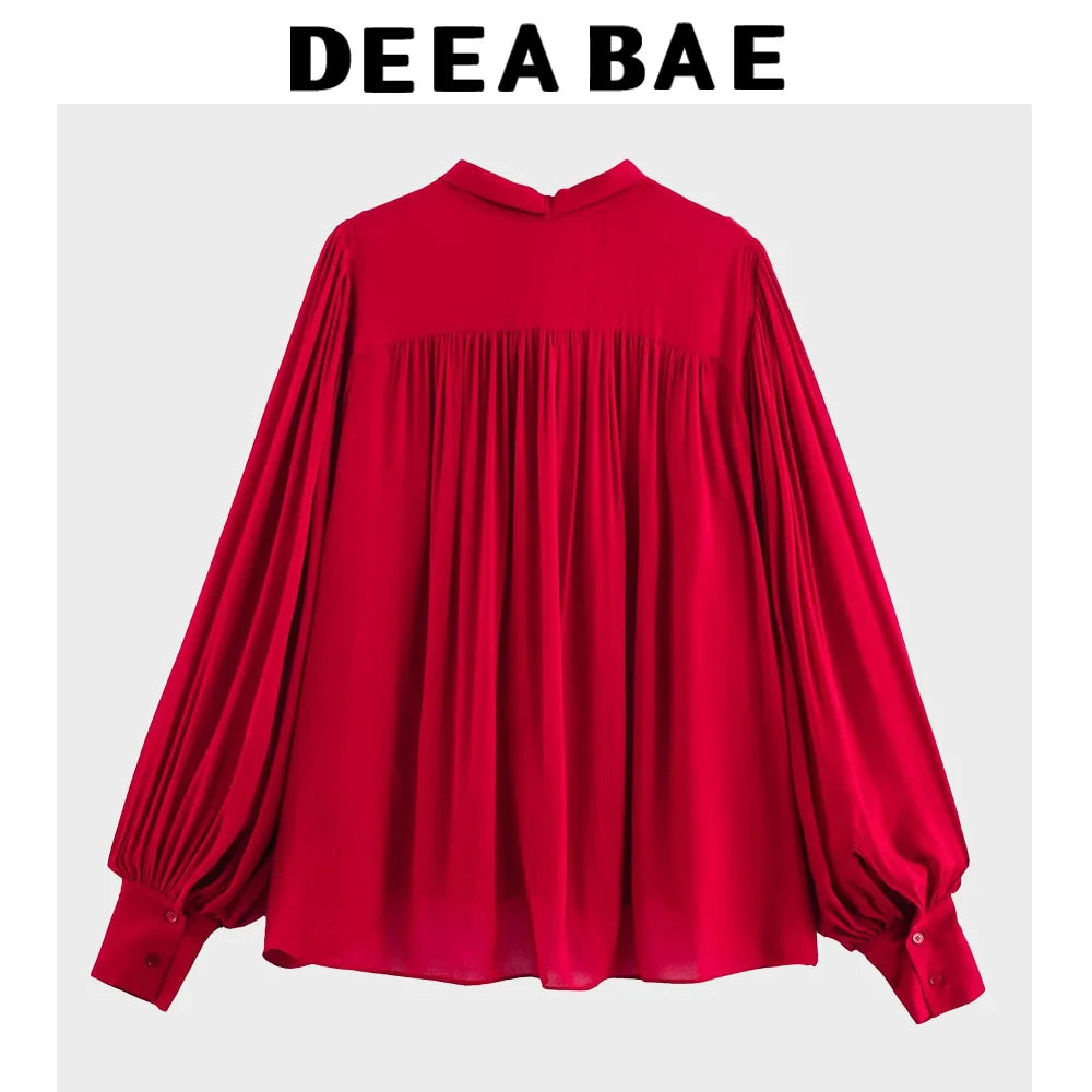 DEEABAE Bow Ribbon Red Chiffon Shirt Women's Early Spring New French Style High-end Temperament Age-reducing Top.