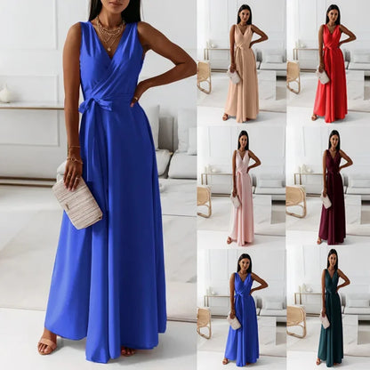 Frühling Sommer Neue Stil frauen Lange V-ausschnitt Kleid Reine Farbe Maxi Kleid Ärmelloses Empire-Taille Kleid für Damen Modische