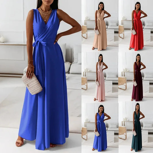 Frühling Sommer Neue Stil frauen Lange V-ausschnitt Kleid Reine Farbe Maxi Kleid Ärmelloses Empire-Taille Kleid für Damen Modische