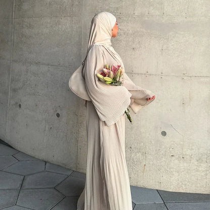 Eid Muslim Dress for Women Pleated Flare Sleeve Jalabiya Kaftan Islam Vestidos Arab Long Robe Ramadan Morocco Dubai Abayas 2024.