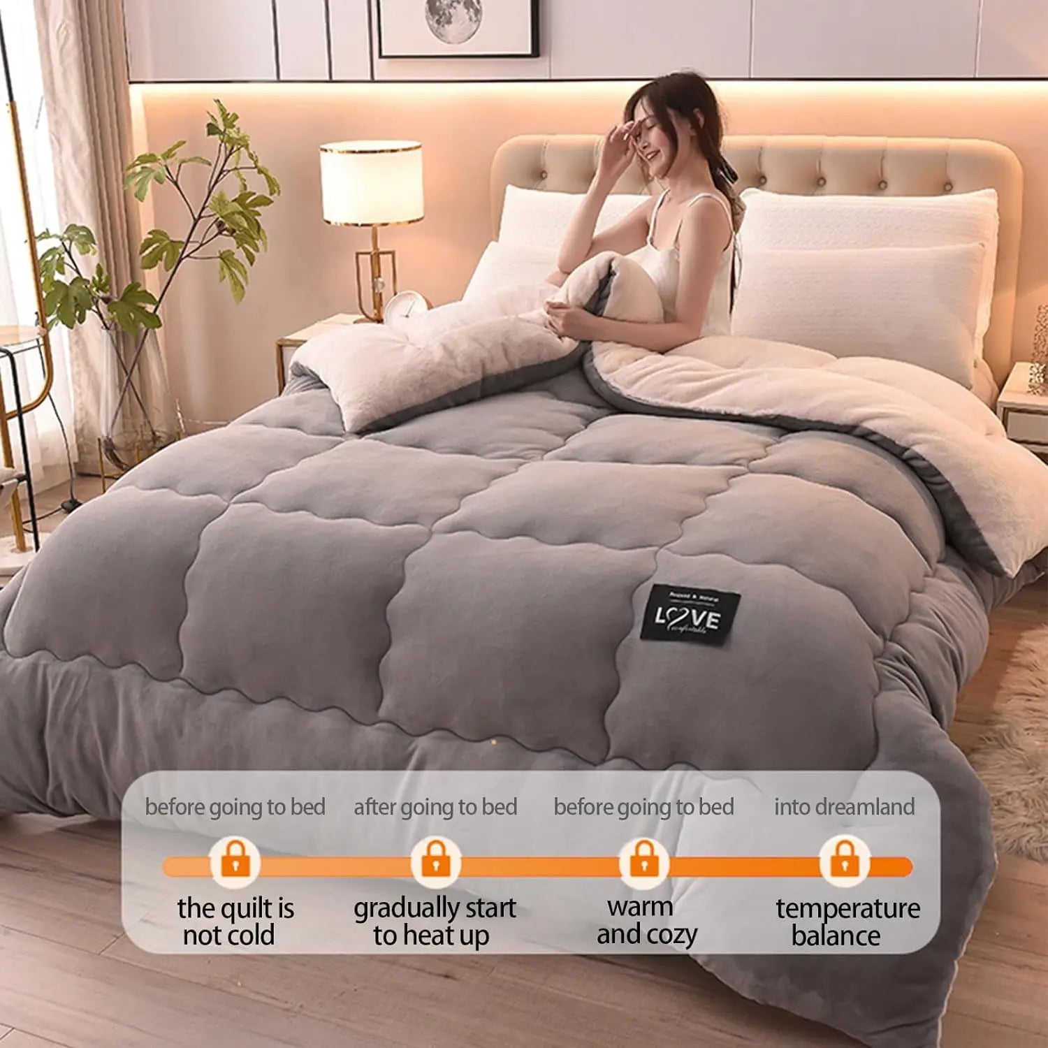 Contemporary Style Reversible Sherpa Fleece Winter Comforter, Soft Breathable Plush Warm Bedding, 100% Polyester Fill & Cover.