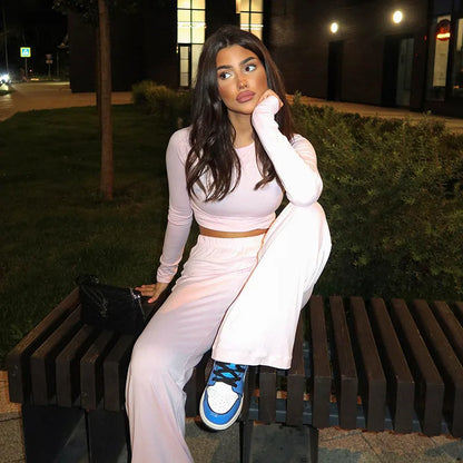 Apprabant Solid Pleated Casual Basic Trousers Set Round Neck Long Sleeve Top Fashion Sports Style High Waist Wide Leg Pants Suit