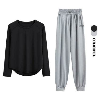 DRUR 2pcs Running Set Women Tracksuit Lightweight Loose Long Sleeve Sport Shirt Pants Sets 2 Piece Sportswear Outfit Gym Clothes