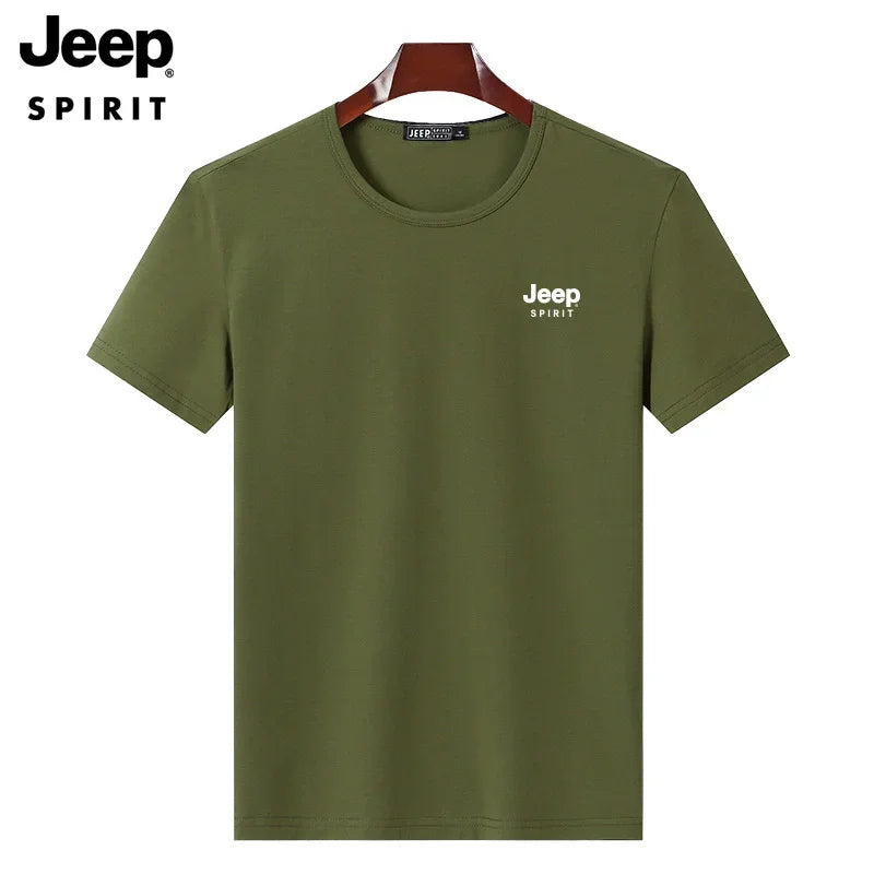JEEP SPIRIT Mens T-shirt Summer 100%Cotton 230g Heavy Print Sports Breathable Round Neck Top Loose Solid Short Sleeve.