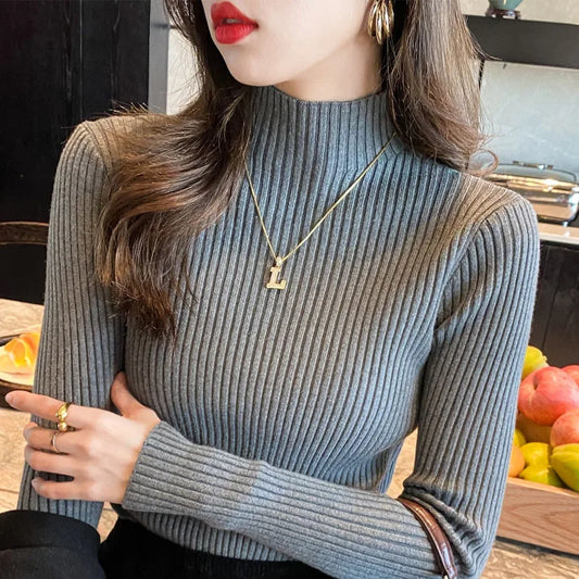Winter Langarm Mock Neck Gestrickte Frauen Pullover Pullover Schlank Stricken Pullover Frauen Tops Blusas Mujer De Moda 2024 Blusa J995