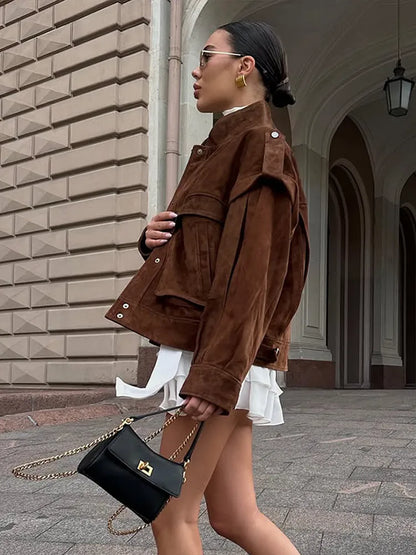 Wildleder Fleece Taschen Damen Jacken Mode Einreiher Langarm Mäntel Lose Gerade Kurze Tops Herbst Warme Kleidung.