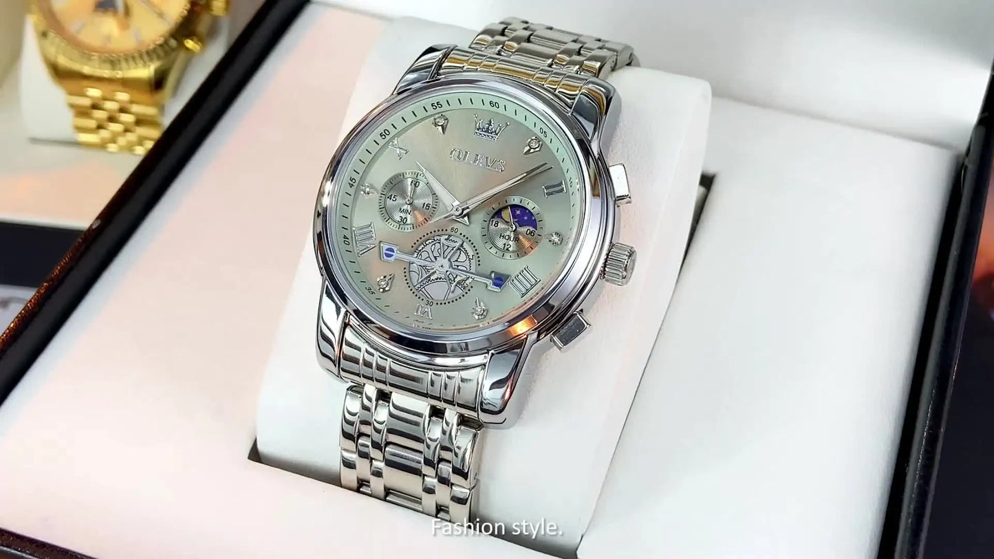 OLEVS Men's Watches Classic Multifunctional Fltwheel Chronograph Original Quartz Wristwatch Moon Phase 24 Hour Waterproof reloj.