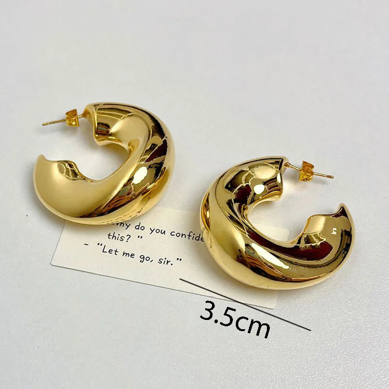 New Retro Chunky C Shape Hoop Earrings Glossy Gold Plated Pvd Circle Round Tube Huggie Hoops Stacked Ear Jewelry.