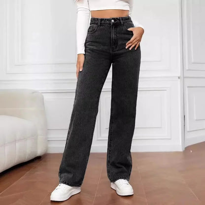 Casual Fashionable Elastic Washed Denim Straight Leg Jeans Women's Loose Straight Leg Trousers High Waist Chinese Production.