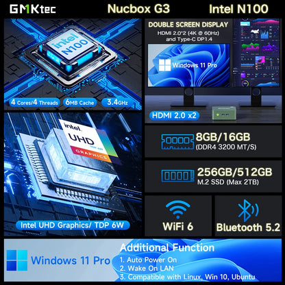 GMKtec G3 Mini PC Intel Alder Lake N100 Windows 11 Pro Desktop Computer 8/16GB RAM 256/512GB PCIe M.2 SSD WiFi 6 BT5.2 Mini PC.