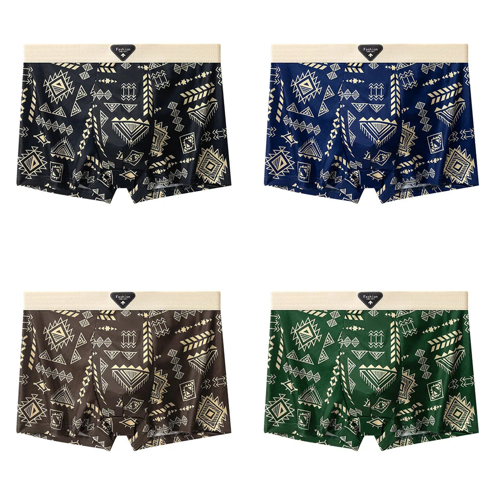 4Pcs Boxer Shorts männer Unterwäsche Eis Seide Unterhose Sexy Höschen Gedruckt Boyshort Atmungsaktive Elastische Dessous Plus Größe L-4XL