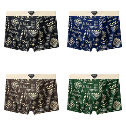 4Pcs Boxer Shorts männer Unterwäsche Eis Seide Unterhose Sexy Höschen Gedruckt Boyshort Atmungsaktive Elastische Dessous Plus Größe L-4XL