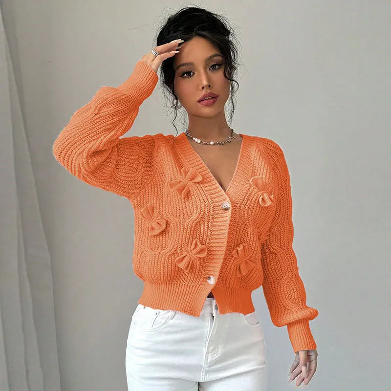 2025 Autumn And Winter Solid Color Long-sleeved Bow Knit Cardigan Jacket New Women's Elegant V-neck Button Versatile Sweater Top.