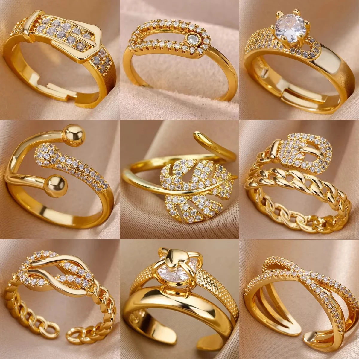 Gold Plated Stainless Steel Crystal Rings For Women Chain Geometry Zircon Finger Ring Jewelry Gift anillos mujer 2025 New Trendy.