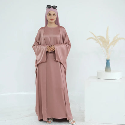Two Piece Arabic Outfit Set for Muslim Women Elegant Modest Abaya Dress with Inner Ramadan Islamic Coat New Turkish Kaftan Robe.