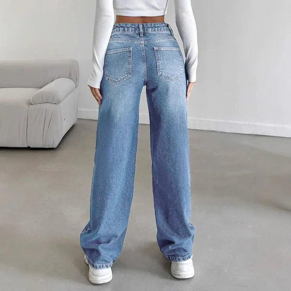 Fashionable High-Waist Straight-Leg Jeans Women's Long Pants Dragging on the Ground Old Style Decorative Zipper Closure.