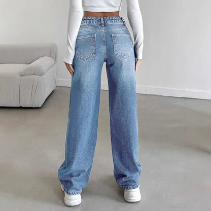 Fashionable High-Waist Straight-Leg Jeans Women's Long Pants Dragging on the Ground Old Style Decorative Zipper Closure.