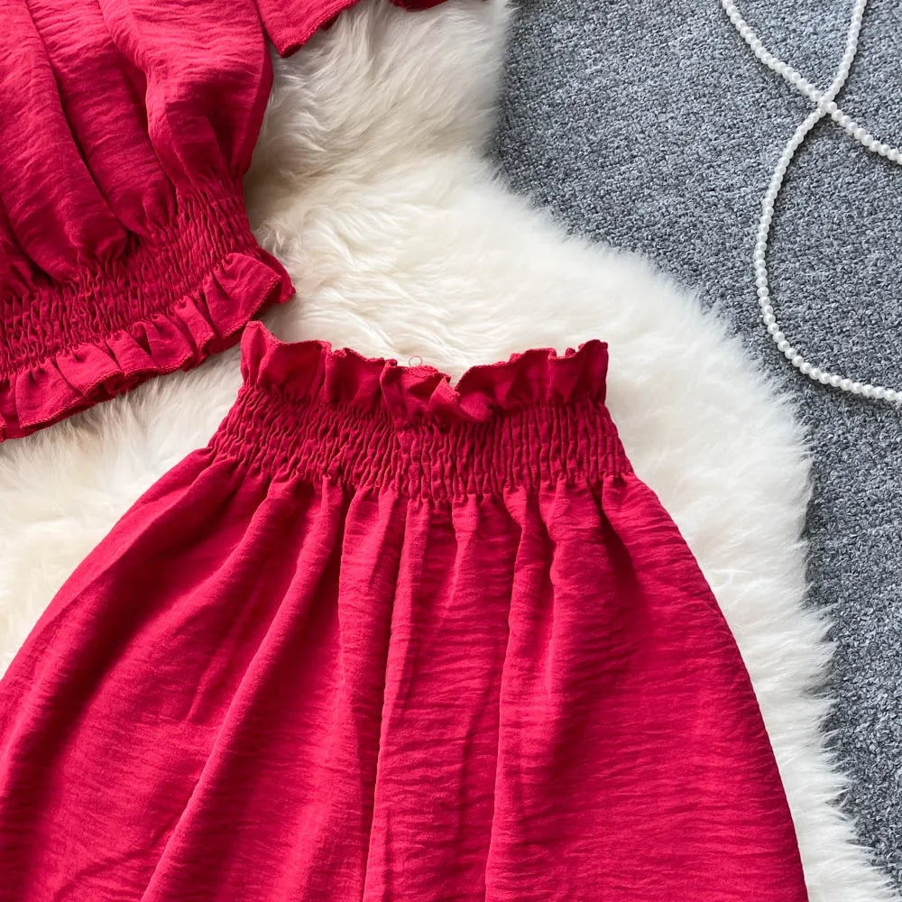 2024 Summer Green/Black/Red Two Piece Set Women Sexy Slash Neck Short Tops + High Waist Wide Leg Pants Female Suit New.