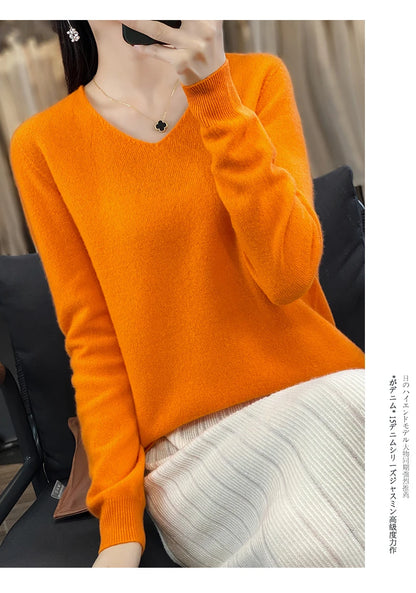 Women 100% Merino Wool Sweater V-Neck Basic Pullover Autumn Winter Cashmere Clothing Long Sleeve Soft Knitwear Tops Solid Color