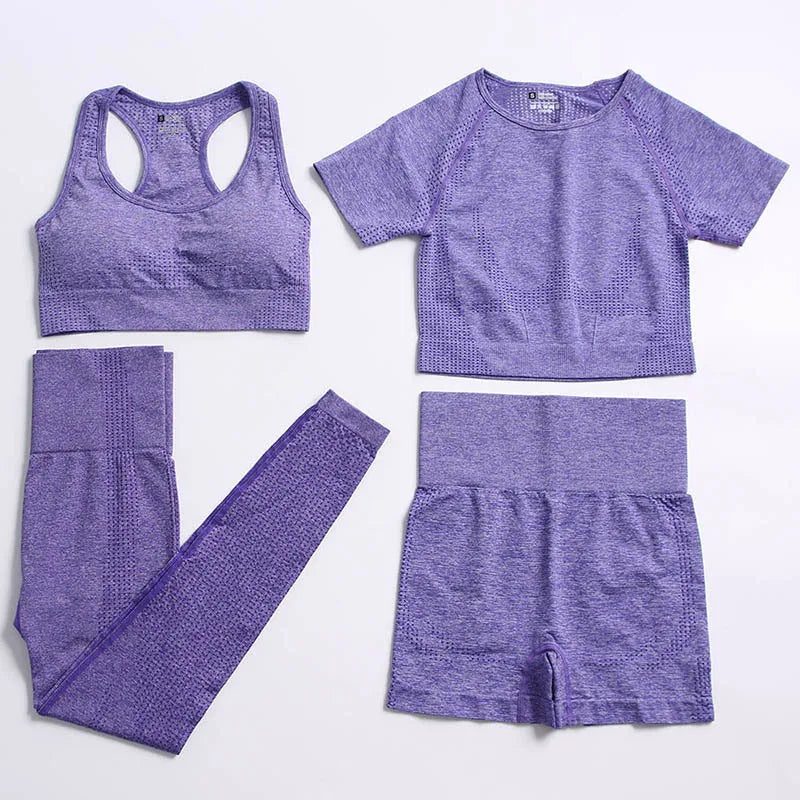 2/4PCS Summer Seamless Yoga Set Women Workout Clothes Sports Bra Short Sleeve Crop Top High Waist Legging Fitness Sports Suits