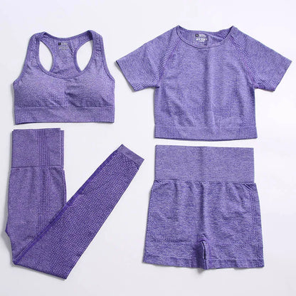 2/4PCS Summer Seamless Yoga Set Women Workout Clothes Sports Bra Short Sleeve Crop Top High Waist Legging Fitness Sports Suits