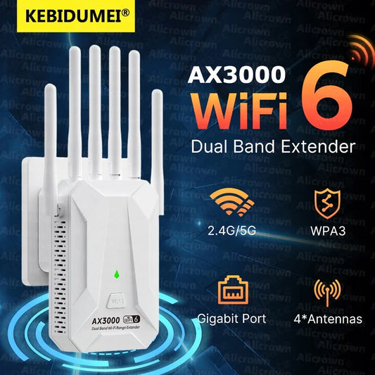WiFi 6 AX3000 Wireless Repeater Dual Band 2.4GHz 5GHz 802.11AX Wi-Fi 6 Extender Amplifier WPS Router Long Range Signal Booster.