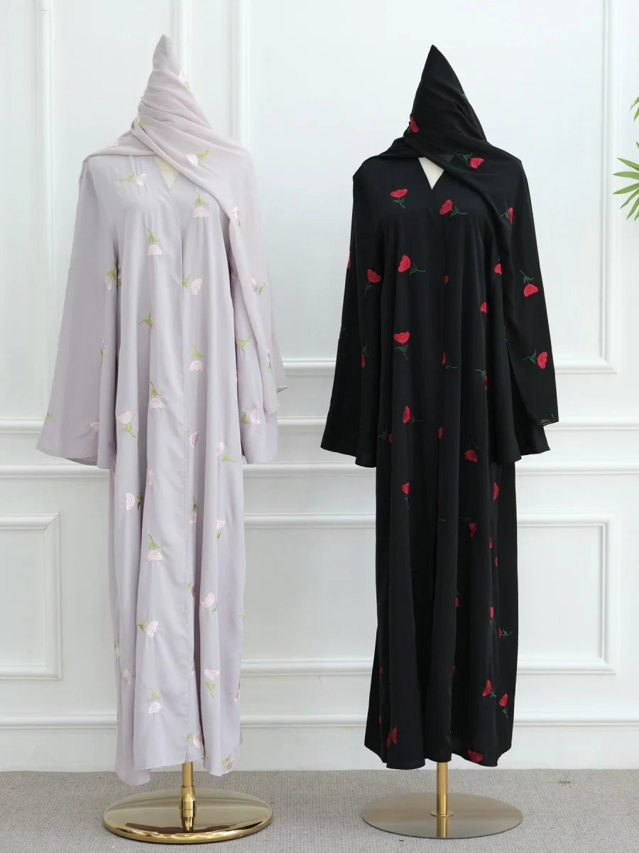 Women Middle East Arabic Dubai Abaya Luxury Rose embroidery Kimono Cardigan Long Dress Modest Robe Femme Islam Clothing Kebaya.